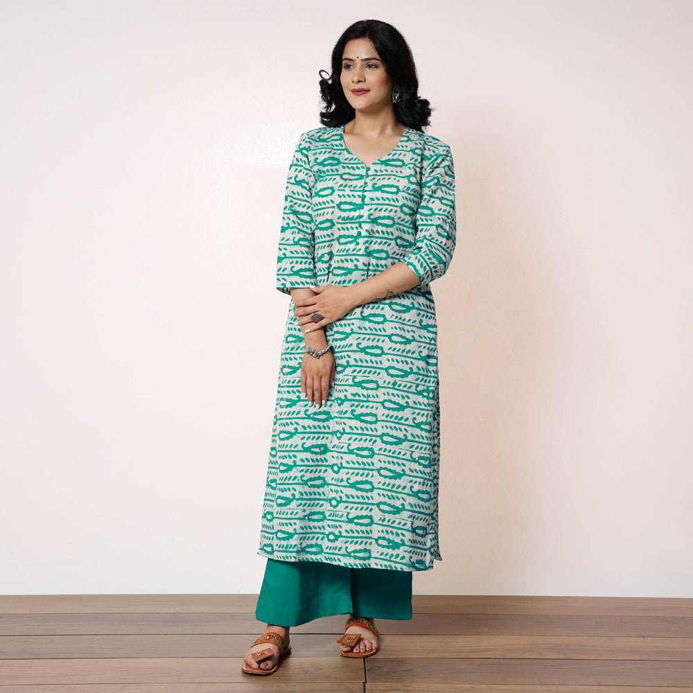 Green White Batik Printed Cotton Kurta with Palazzo Set