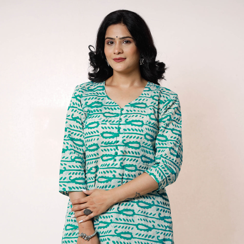 Green White Batik Printed Cotton Kurta with Palazzo Set