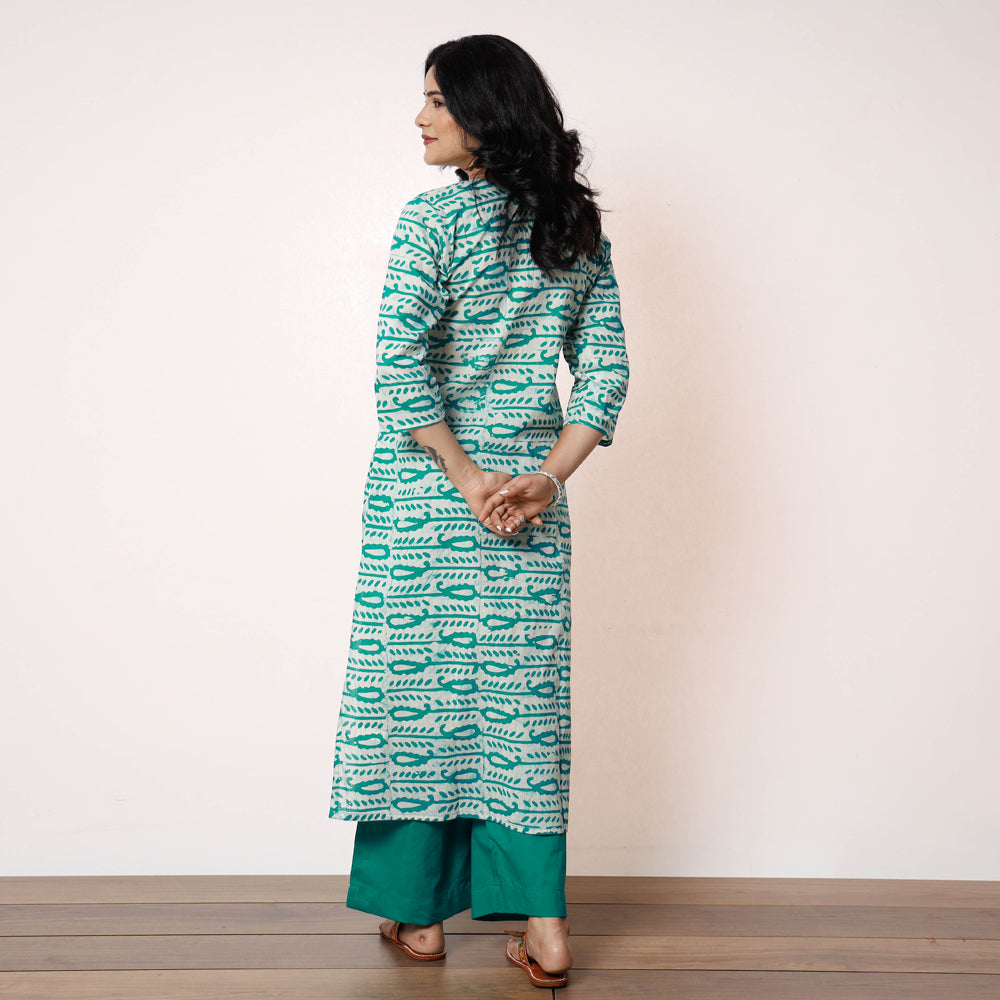 Green White Batik Printed Cotton Kurta with Palazzo Set