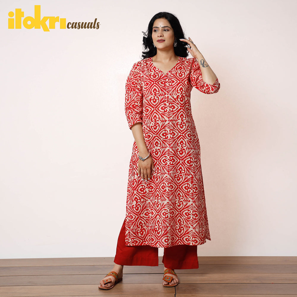 Red White Batik Printed Cotton Kurta with Palazzo Set