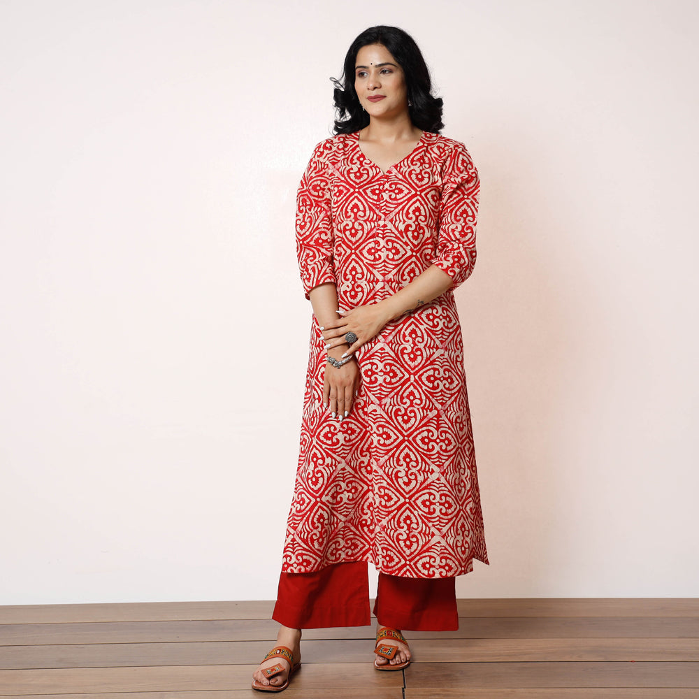 Red White Batik Printed Cotton Kurta with Palazzo Set