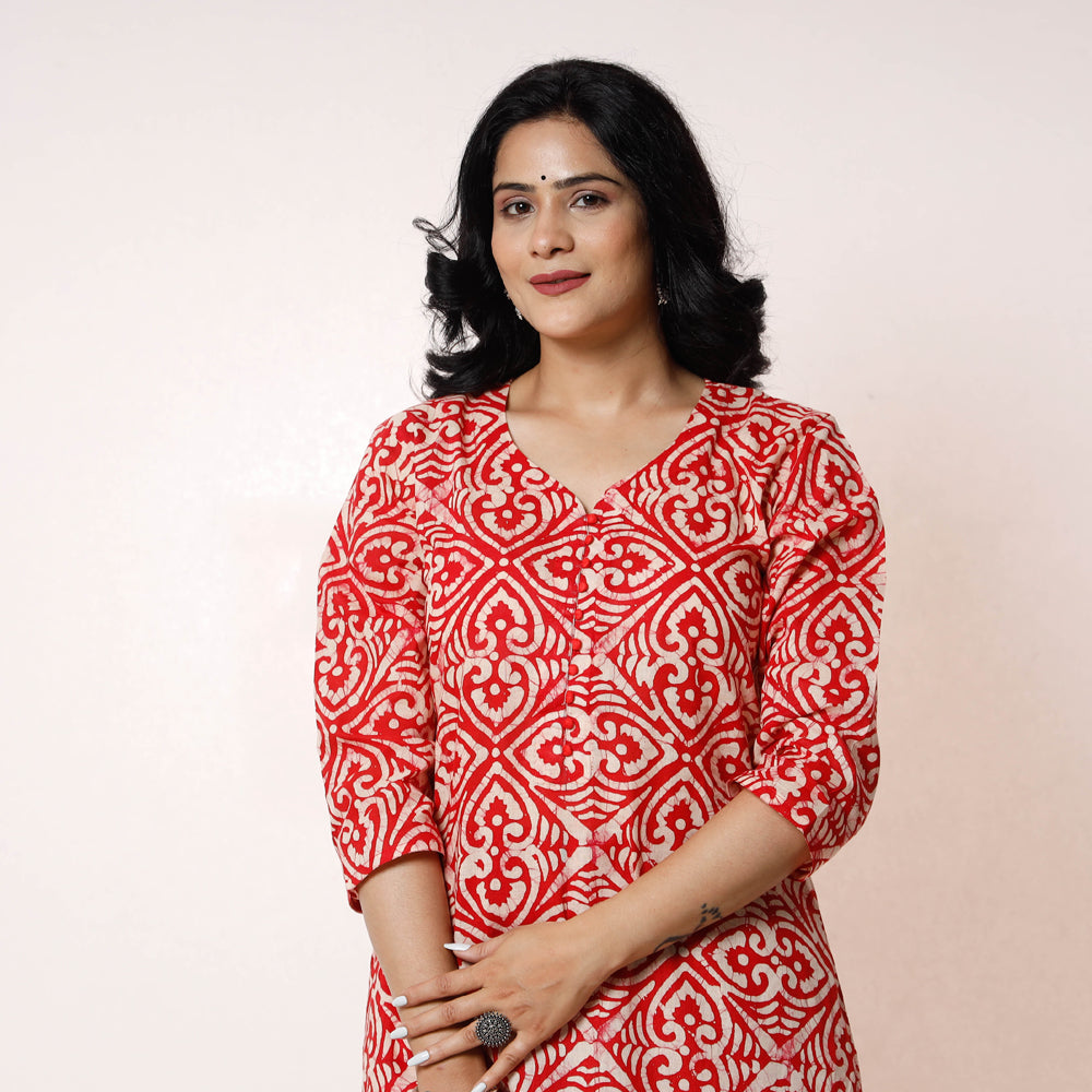 Red White Batik Printed Cotton Kurta with Palazzo Set