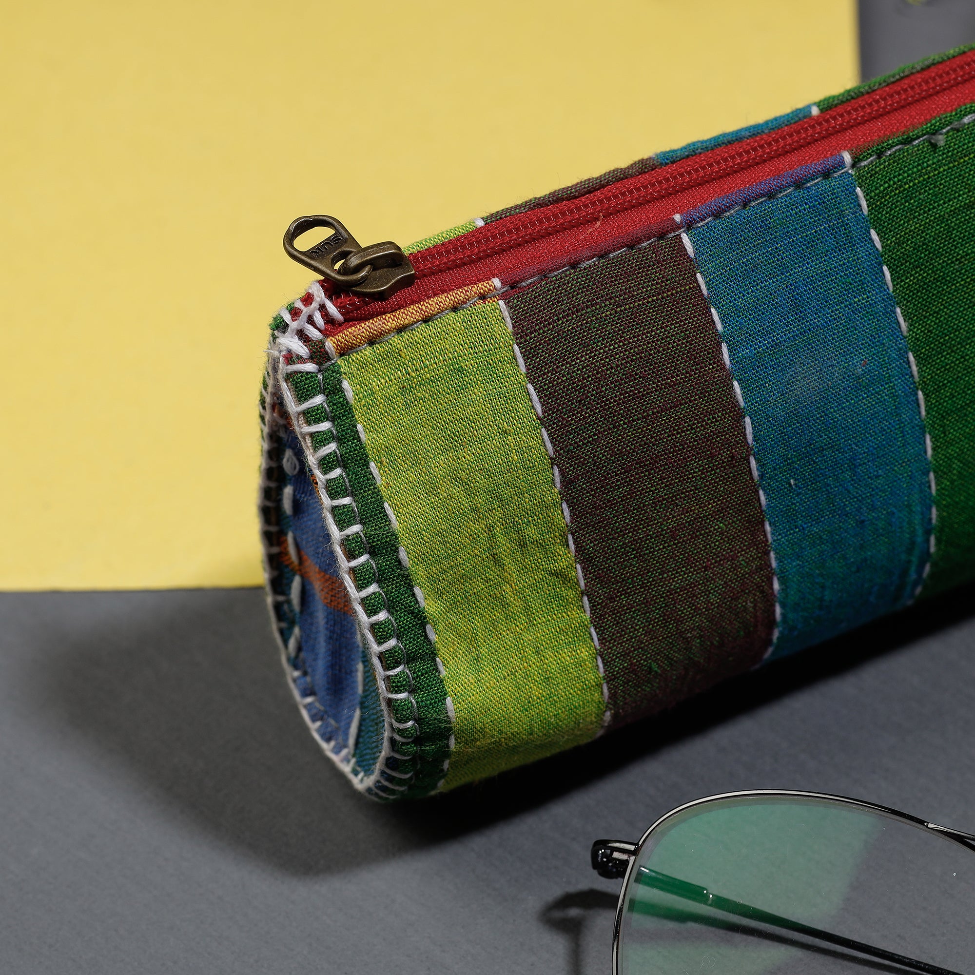 Multicolor Gamcha Fabric Hand Embroidered Spectacle Case