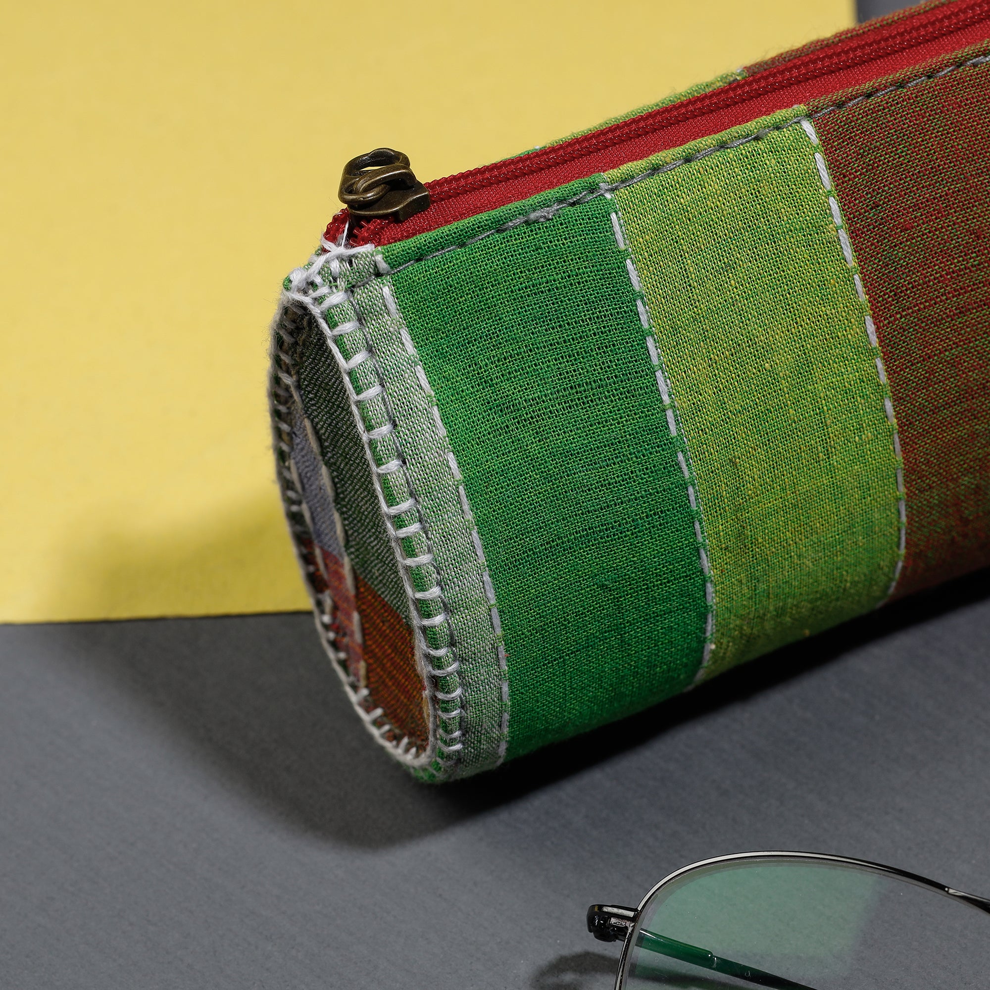 Green Gamcha Fabric Hand Embroidered Spectacle Case