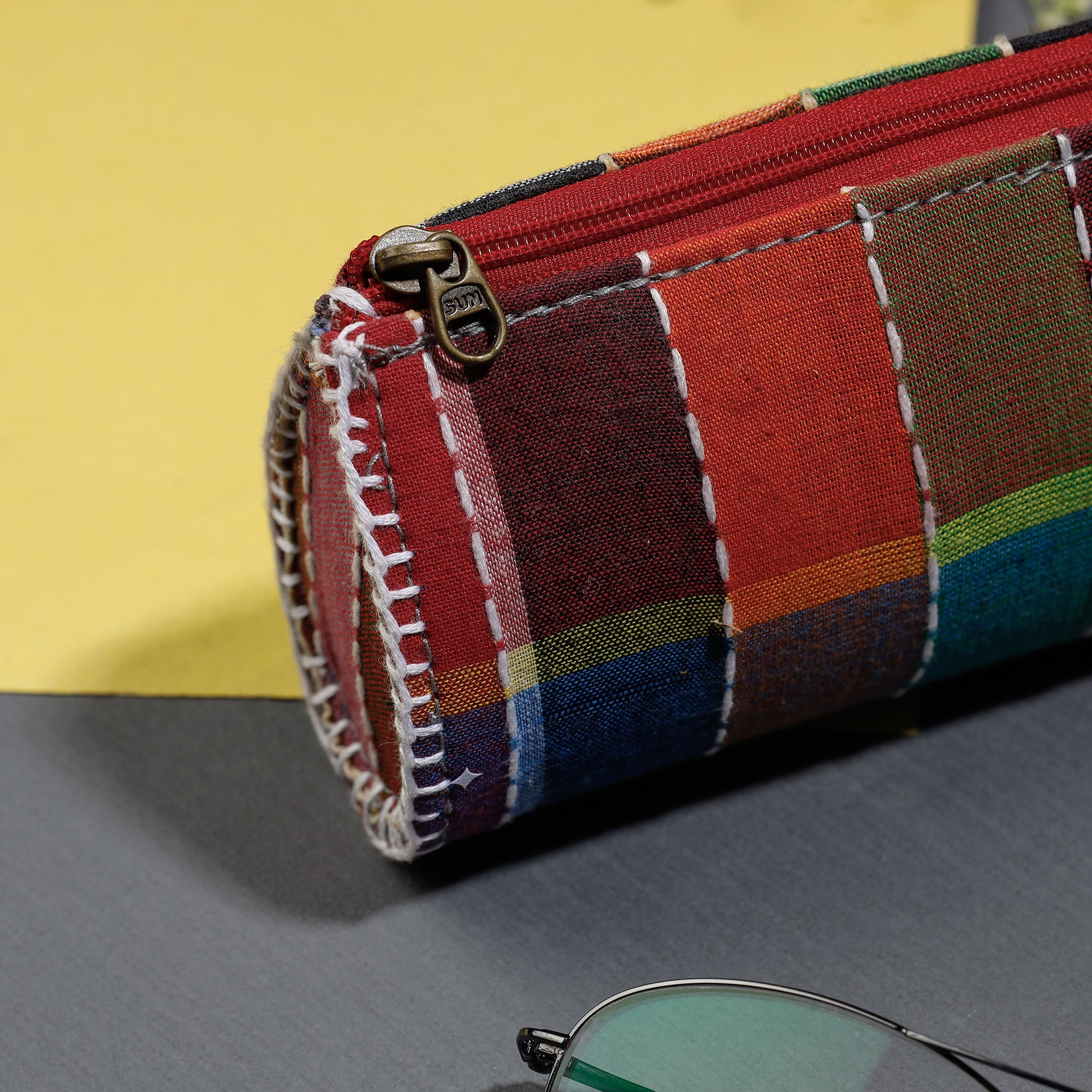 Multicolor Gamcha Fabric Hand Embroidered Spectacle Case