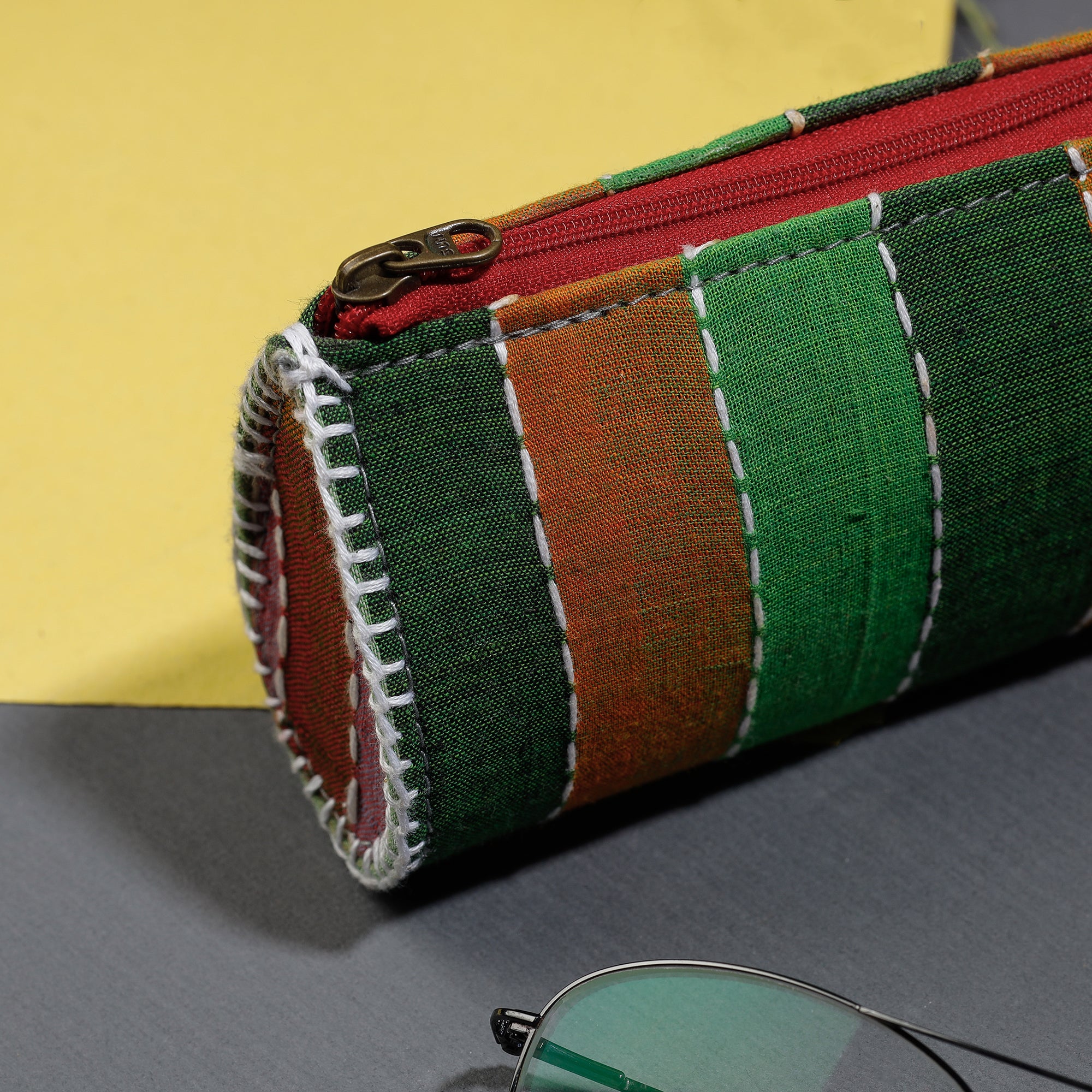 Multicolor Gamcha Fabric Hand Embroidered Spectacle Case