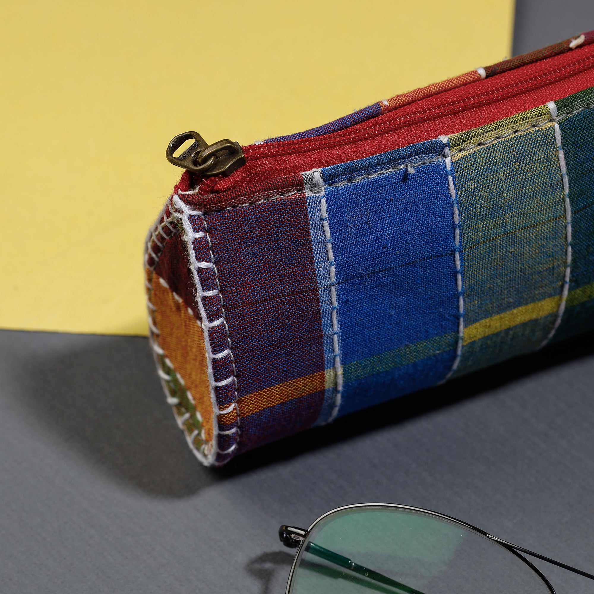 Multicolor Gamcha Fabric Hand Embroidered Spectacle Case