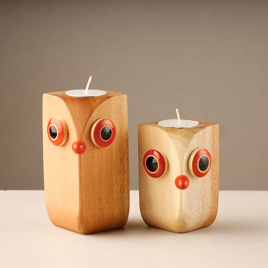 Owl - Channapatna Handmade Wooden Tealight Candle Holder (Set of 2)