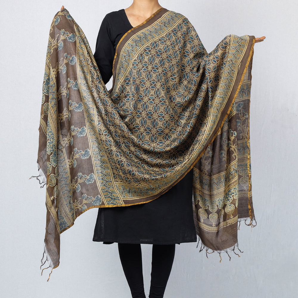 Brown - Ajrakh Block Printed Natural Dyed Chanderi Silk Dupatta
