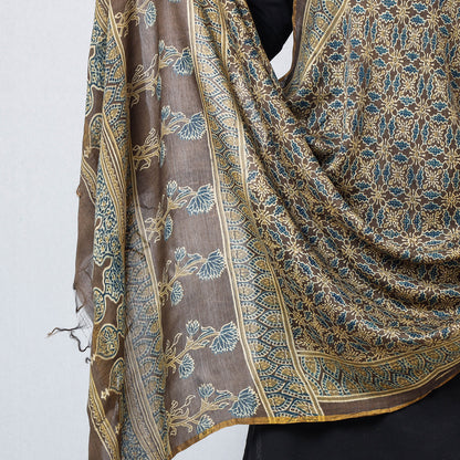 Brown - Ajrakh Block Printed Natural Dyed Chanderi Silk Dupatta
