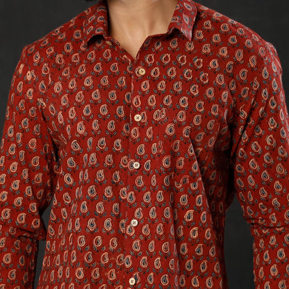 Maroon - Indigo Leaf Buta Ajrakh Block Printed Cotton Men Full Sleeve Shirt