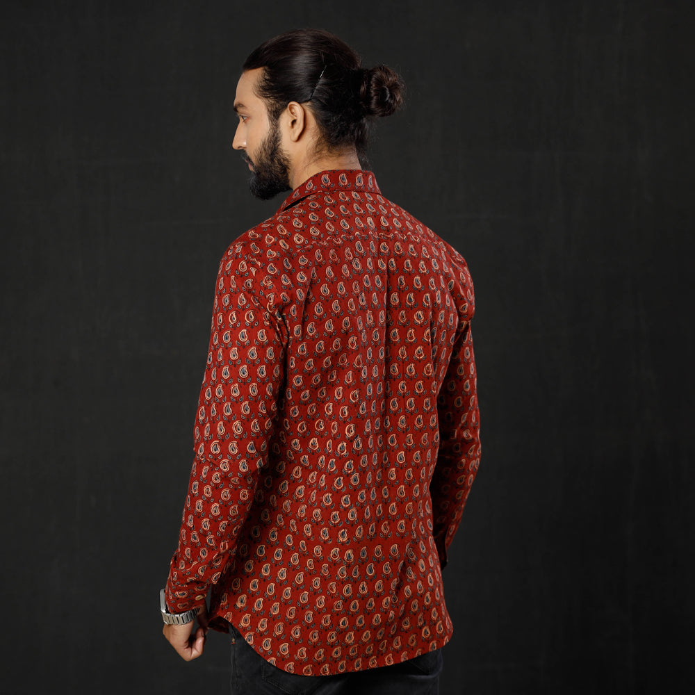 Maroon - Indigo Leaf Buta Ajrakh Block Printed Cotton Men Full Sleeve Shirt