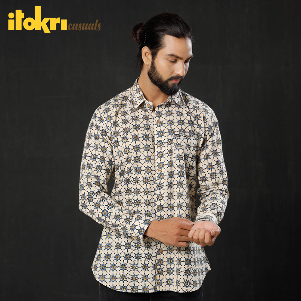 Beige - Geometric Buta Ajrakh Block Printed Cotton Men Full Sleeve Shirt