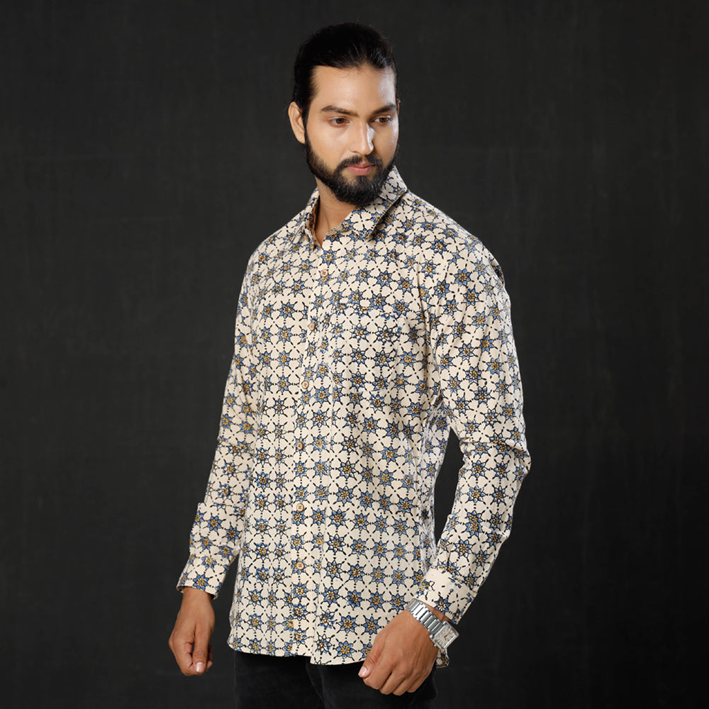 Beige - Geometric Buta Ajrakh Block Printed Cotton Men Full Sleeve Shirt