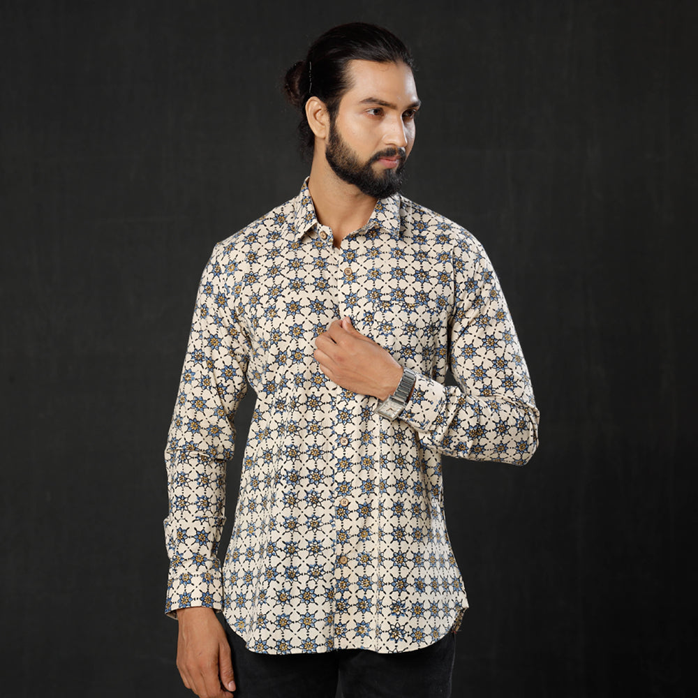 Beige - Geometric Buta Ajrakh Block Printed Cotton Men Full Sleeve Shirt