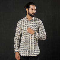 Beige - Geometric Buta Ajrakh Block Printed Cotton Men Full Sleeve Shirt