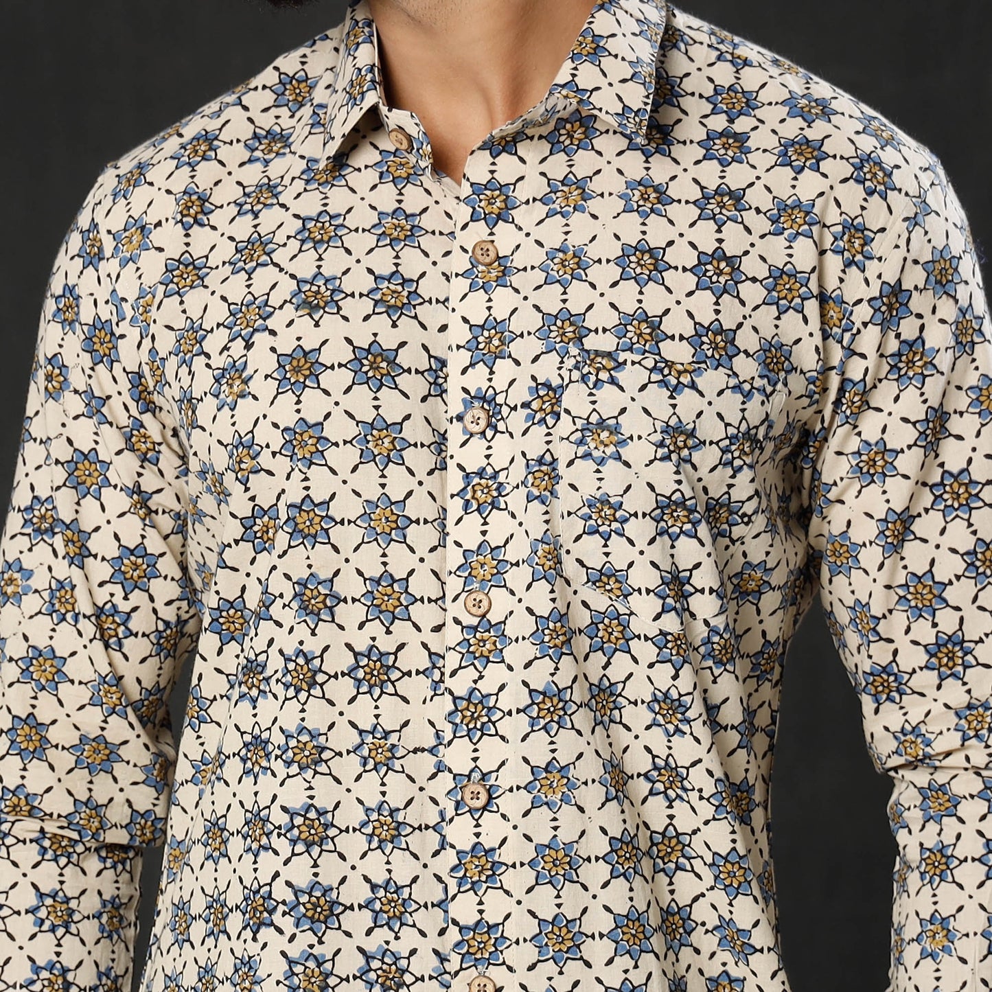 Beige - Geometric Buta Ajrakh Block Printed Cotton Men Full Sleeve Shirt