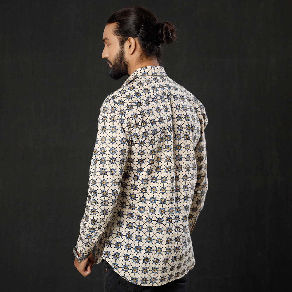 Beige - Geometric Buta Ajrakh Block Printed Cotton Men Full Sleeve Shirt