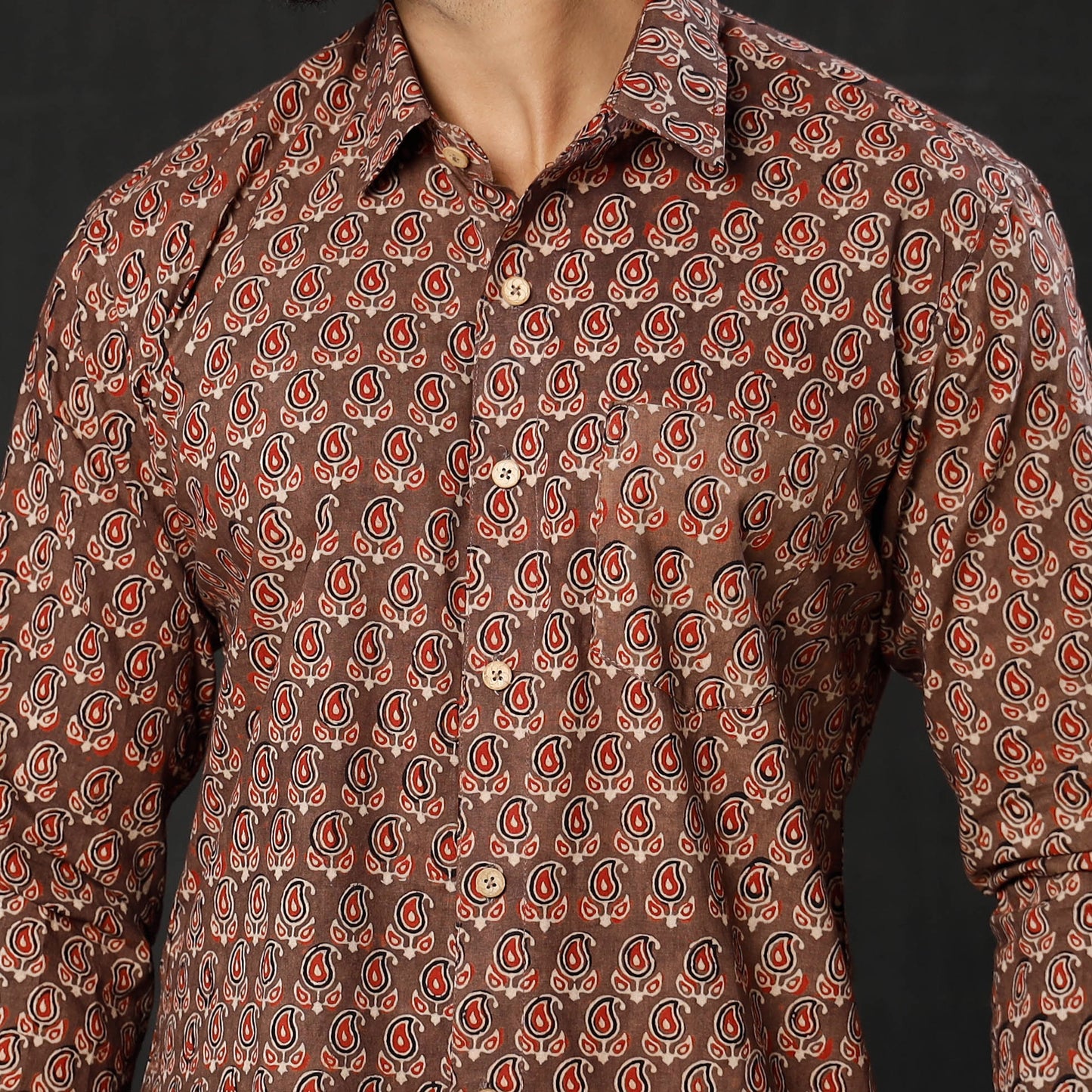 Brown - Red Leaf Buta Ajrakh Block Printed Cotton Men Full Sleeve Shirt