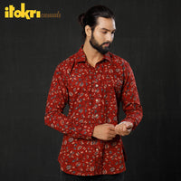 Red - Leaf Floral Ajrakh Block Printed Cotton Men Full Sleeve Shirt