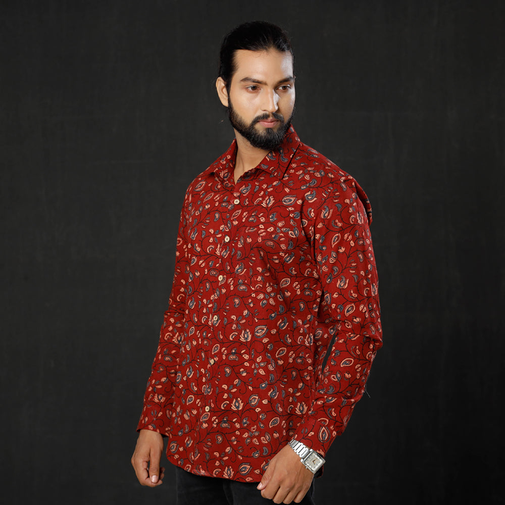 Red - Maroon - Indigo Leaf Floral Ajrakh Block Printed Cotton Men Full Sleeve Shirt