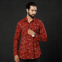 Red - Leaf Floral Ajrakh Block Printed Cotton Men Full Sleeve Shirt