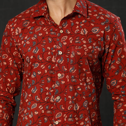 Red - Maroon - Indigo Leaf Floral Ajrakh Block Printed Cotton Men Full Sleeve Shirt