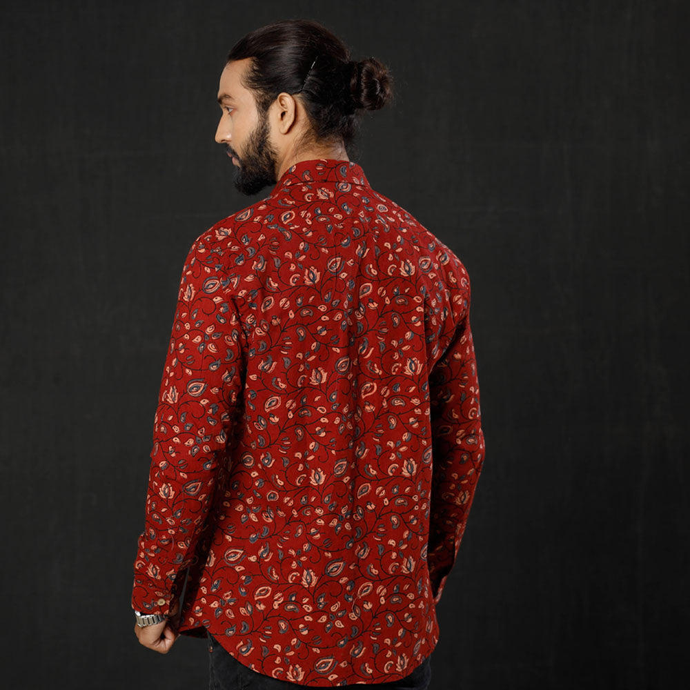 Red - Leaf Floral Ajrakh Block Printed Cotton Men Full Sleeve Shirt