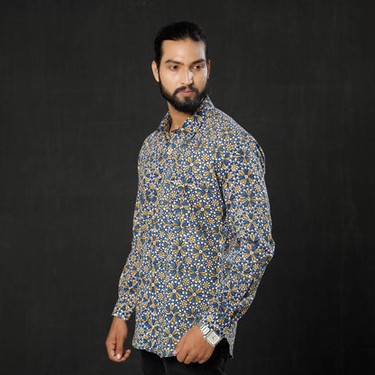 Blue Yellow - Geometric Flowers Ajrakh Block Printed Cotton Men Full Sleeve Shirt