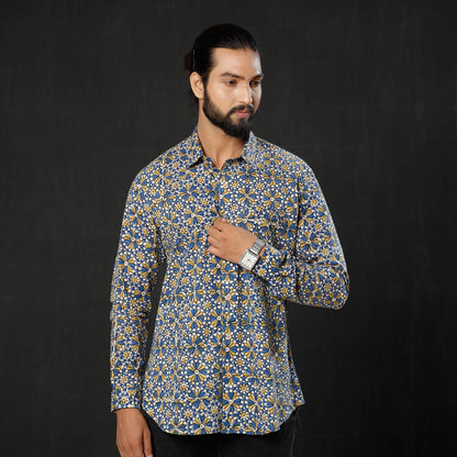 Blue Yellow - Geometric Flowers Ajrakh Block Printed Cotton Men Full Sleeve Shirt