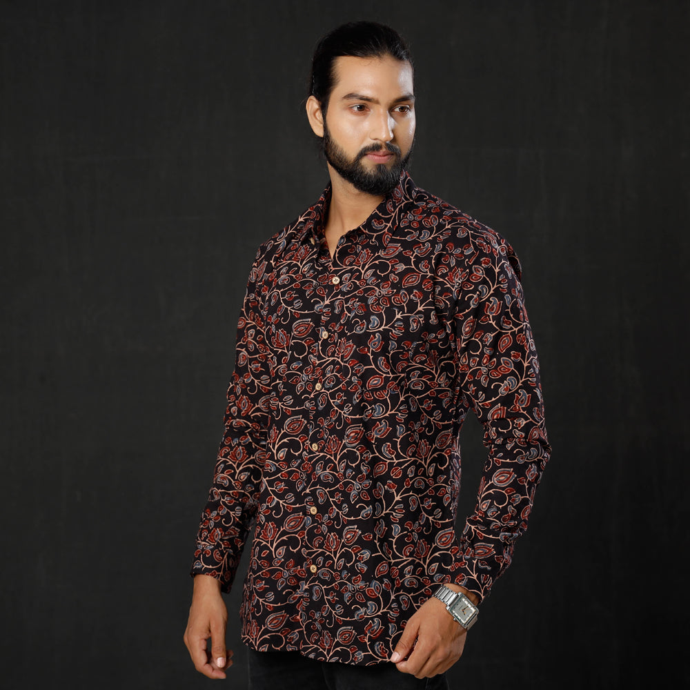 Black Maroon Indigo Leaf Floral Ajrakh Block Printed Cotton Men Full Sleeve Shirt