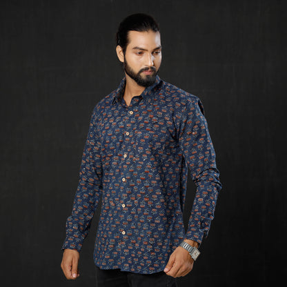 Blue - Indigo Red Lotus - Ajrakh Block Printed Cotton Men Full Sleeve Shirt