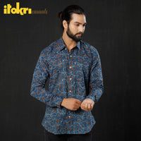 Blue - Leaf Red Floral - Ajrakh Block Printed Cotton Men Full Sleeve Shirt