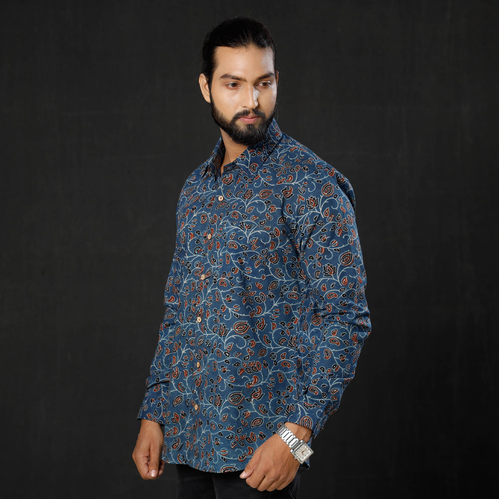 Blue - Leaf Red Floral - Ajrakh Block Printed Cotton Men Full Sleeve Shirt