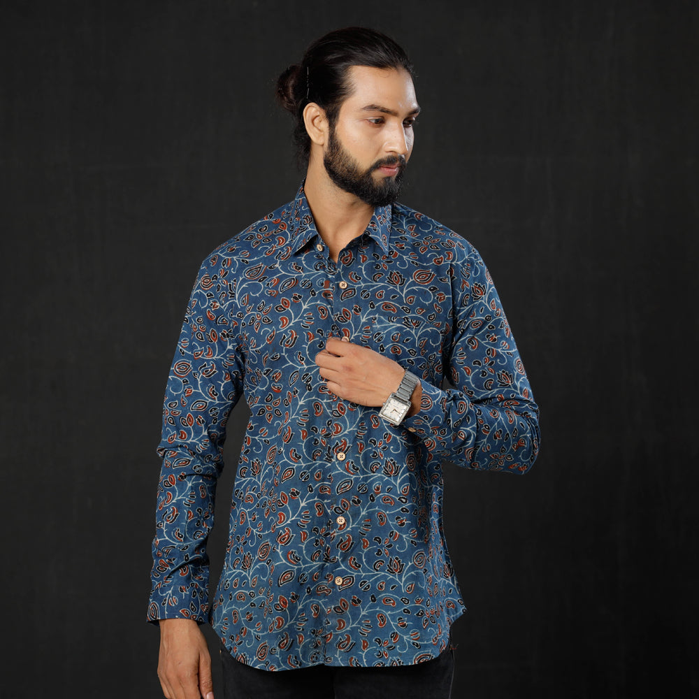 Blue - Leaf Red Floral - Ajrakh Block Printed Cotton Men Full Sleeve Shirt