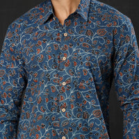 Blue - Leaf Red Floral - Ajrakh Block Printed Cotton Men Full Sleeve Shirt