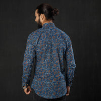 Blue - Leaf Red Floral - Ajrakh Block Printed Cotton Men Full Sleeve Shirt