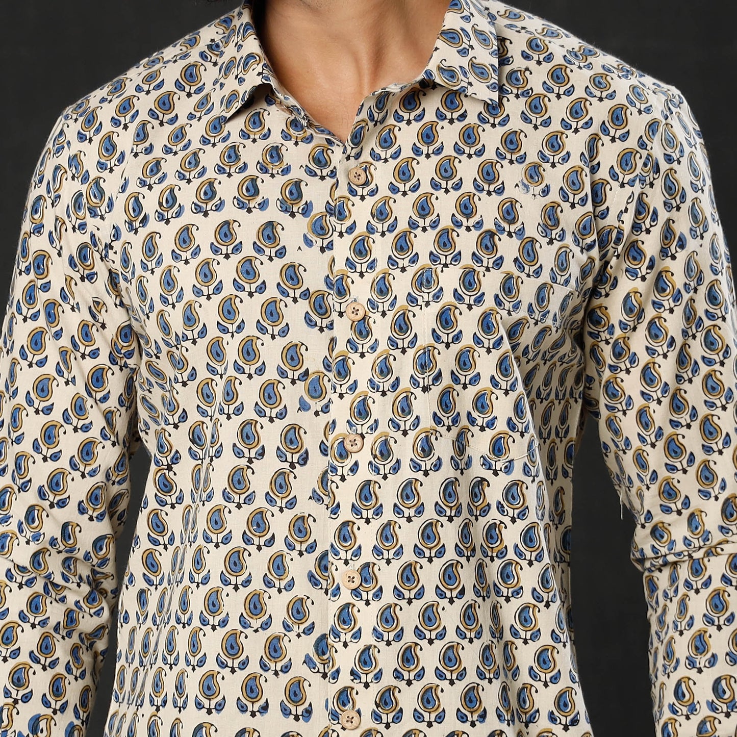 White - Cream - Blue Leaf Buta Ajrakh Block Printed Cotton Men Full Sleeve Shirt