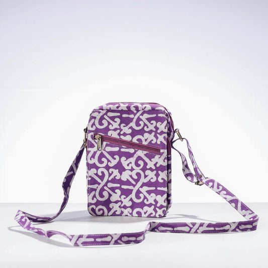 Purple - Double Pocket Block Print Fabric Sling Bag