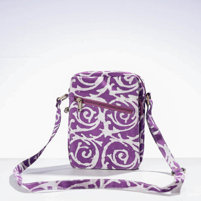 Purple - Double Pocket Block Print Fabric Sling Bag