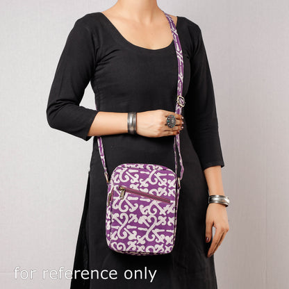 Purple - Double Pocket Block Print Fabric Sling Bag