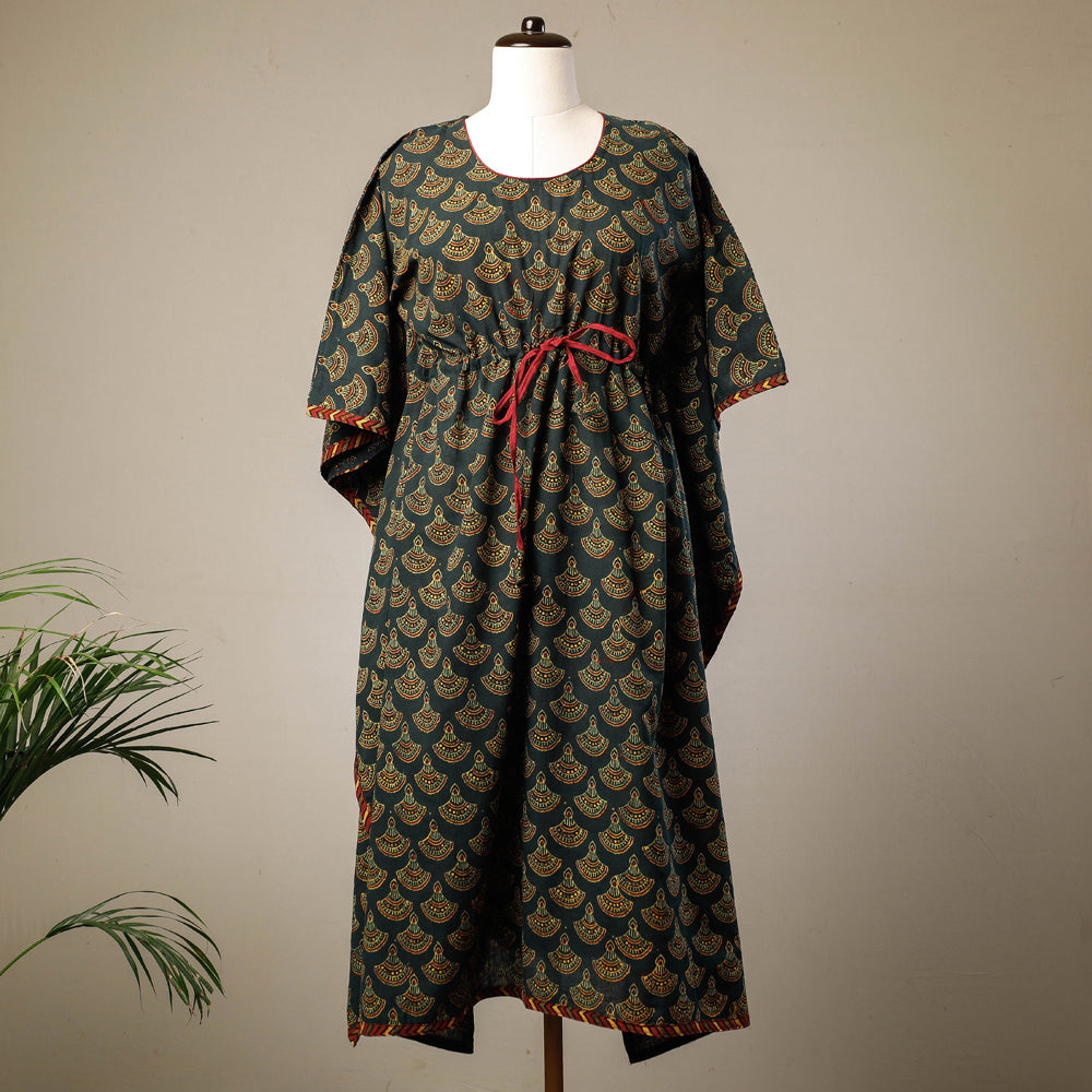 Green - Ajrakh Hand Block Printed Cotton Kaftan with Tie-Up Waist (Long)