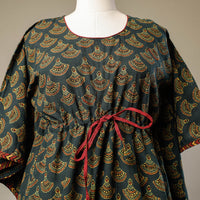 Green - Ajrakh Hand Block Printed Cotton Kaftan with Tie-Up Waist (Long)