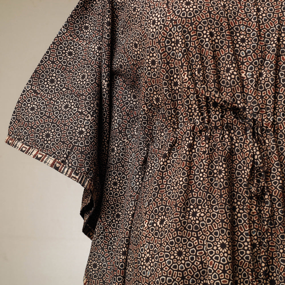 Black - Ajrakh Hand Block Printed Cotton Kaftan with Tie-Up Waist (Long)