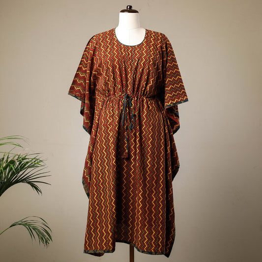 Multicolor - Ajrakh Hand Block Printed Cotton Kaftan with Tie-Up Waist (Long)