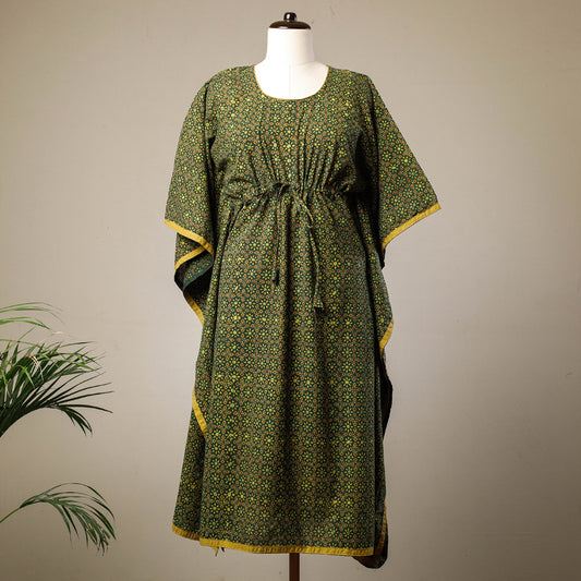 Green - Ajrakh Hand Block Printed Cotton Kaftan with Tie-Up Waist (Long)