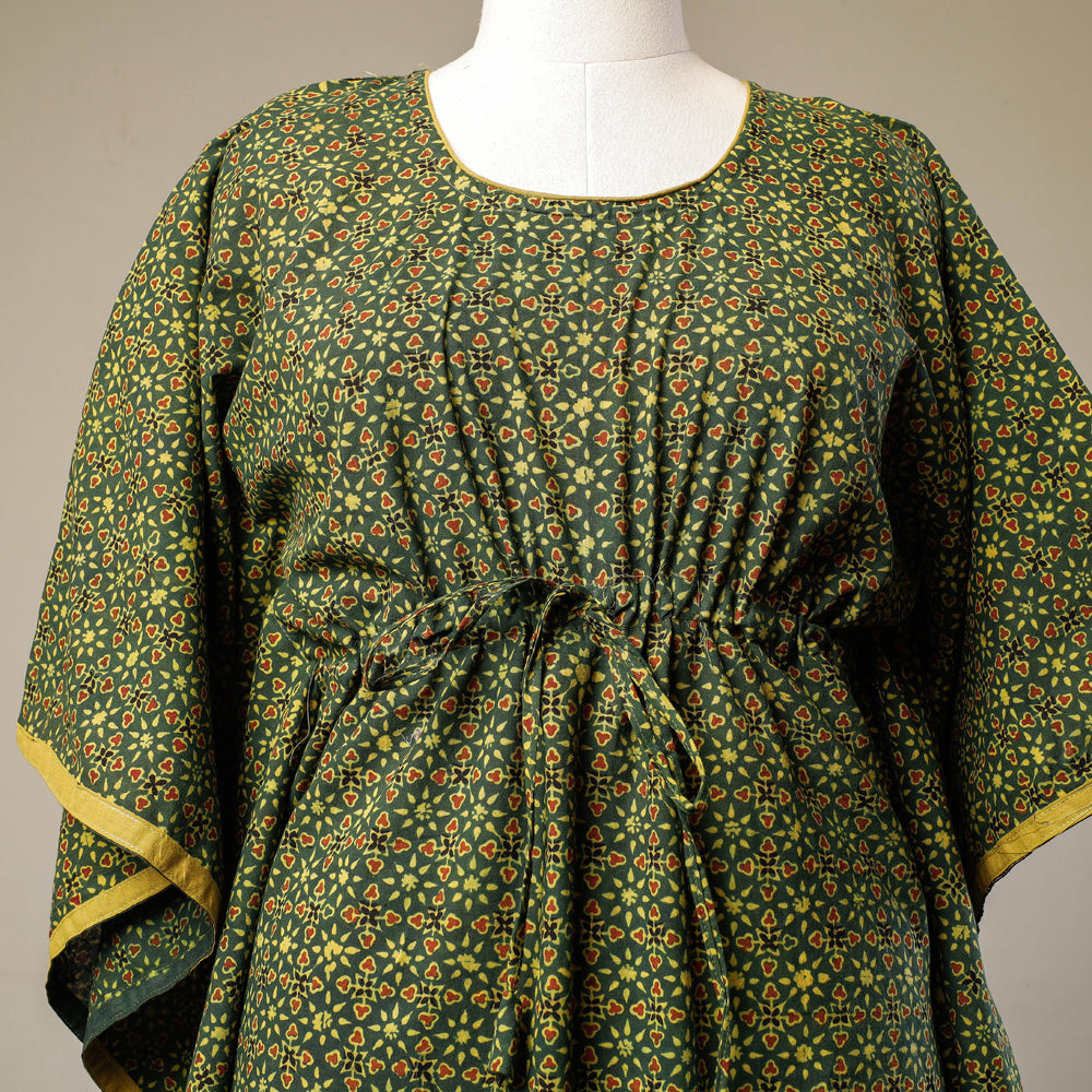 Green - Ajrakh Hand Block Printed Cotton Kaftan with Tie-Up Waist (Long)