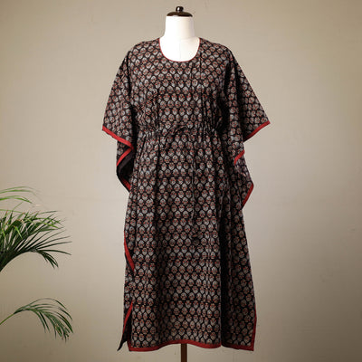 Black - Ajrakh Hand Block Printed Cotton Kaftan with Tie-Up Waist (Long)