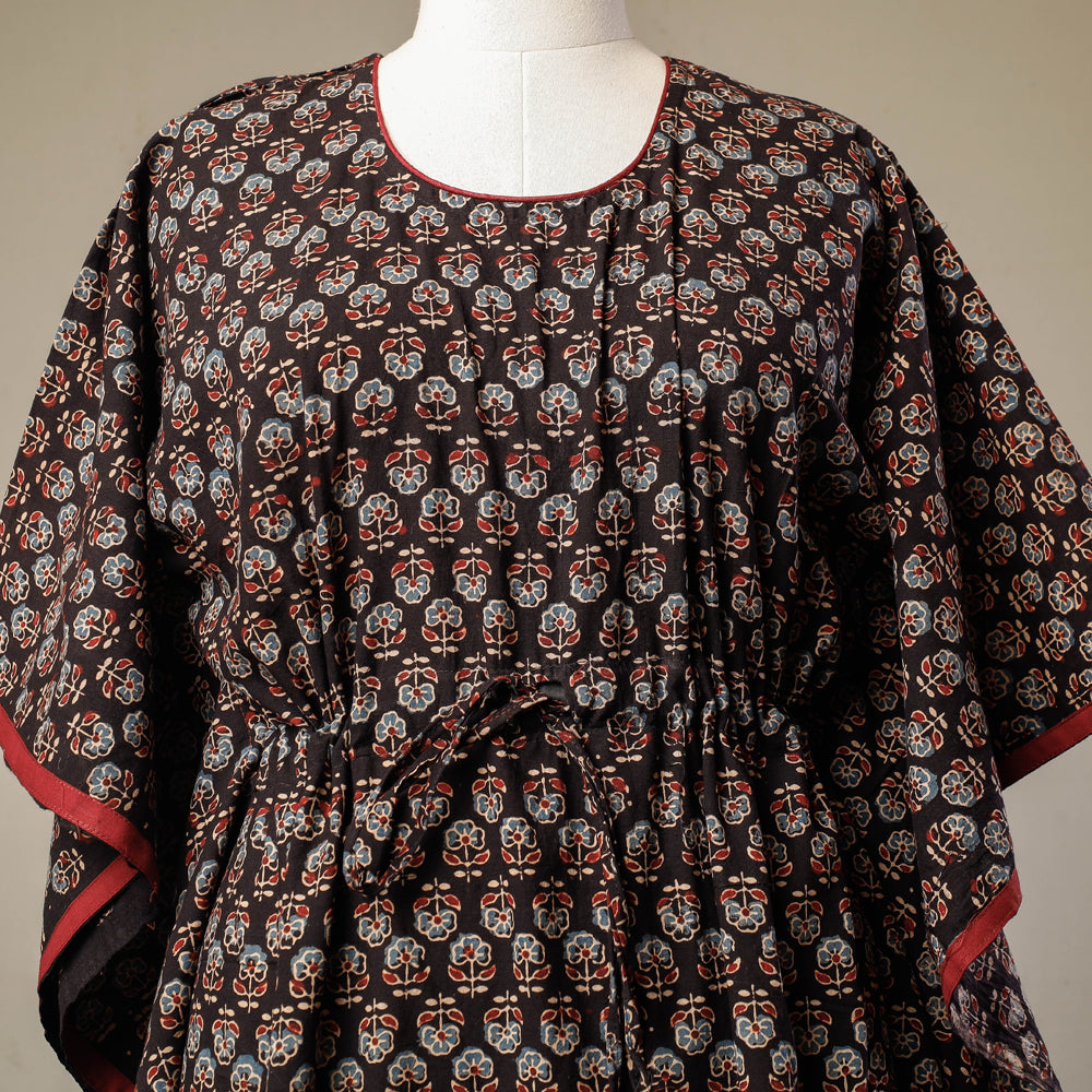 Black - Ajrakh Hand Block Printed Cotton Kaftan with Tie-Up Waist (Long)