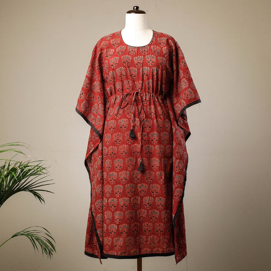Red - Ajrakh Hand Block Printed Cotton Kaftan with Tie-Up Waist (Long)